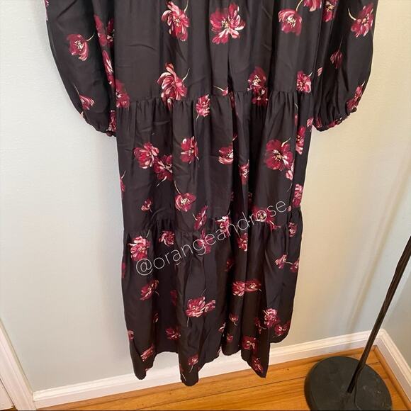 NICHOLAS Black Pink Floral Square Neck Long Balloon Sleeve Silk Maxi Dress 6 - Picture 9 of 14